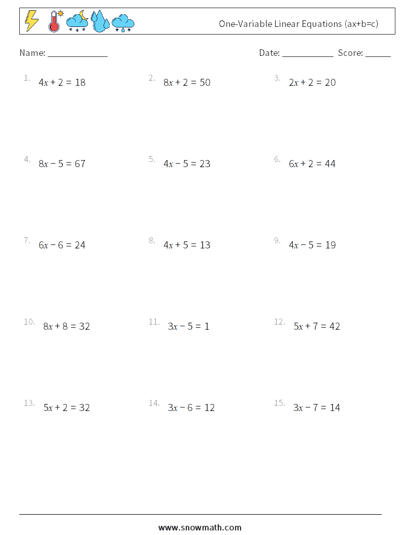 One-Variable Linear Equations (ax+b=c) Math Worksheets 7