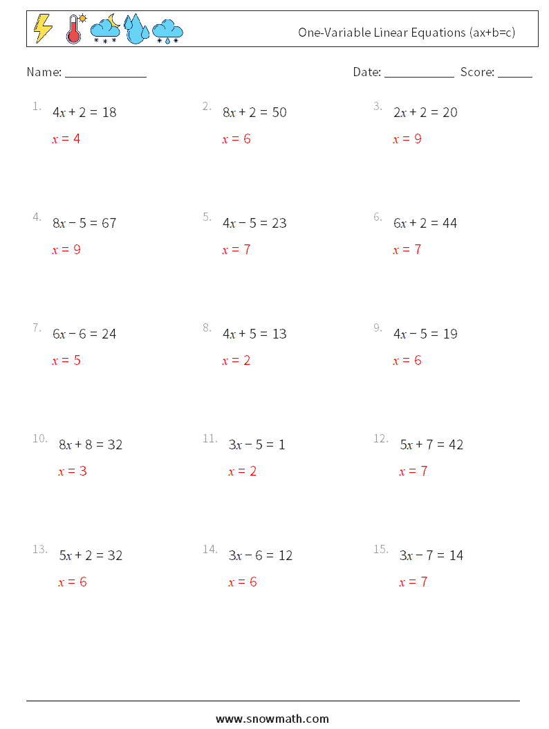 One-Variable Linear Equations (ax+b=c) Math Worksheets 7 Question, Answer