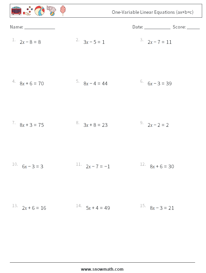 One-Variable Linear Equations (ax+b=c) Math Worksheets 8