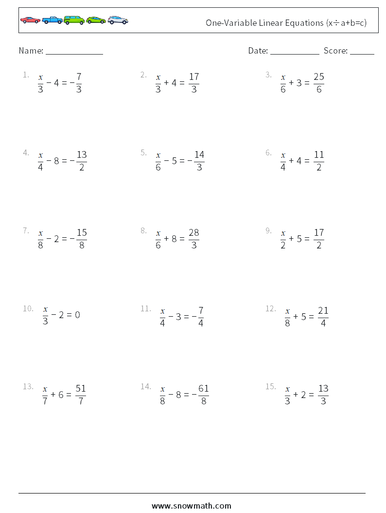 One-Variable Linear Equations (x÷a+b=c) Math Worksheets 1
