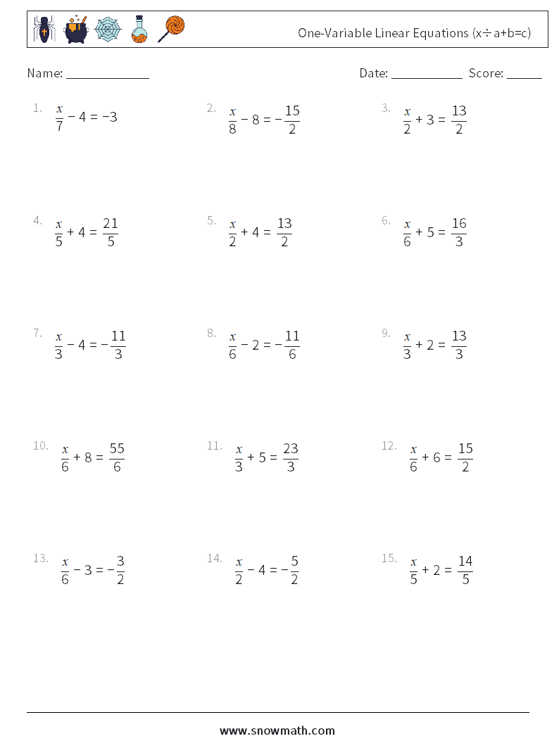 One-Variable Linear Equations (x÷a+b=c) Math Worksheets 10
