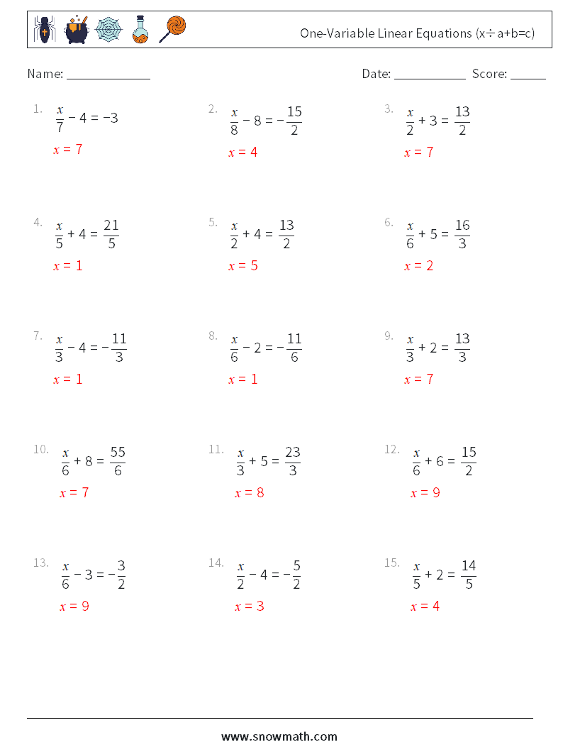 One-Variable Linear Equations (x÷a+b=c) Math Worksheets 10 Question, Answer