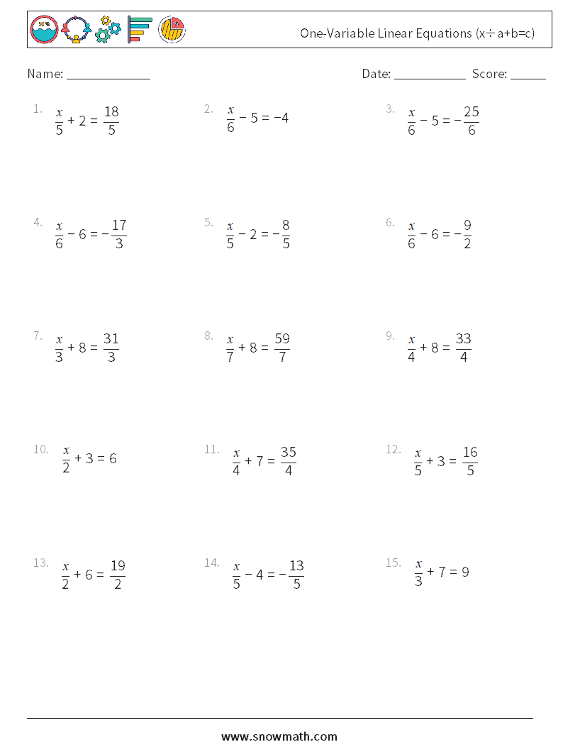One-Variable Linear Equations (x÷a+b=c) Math Worksheets 11