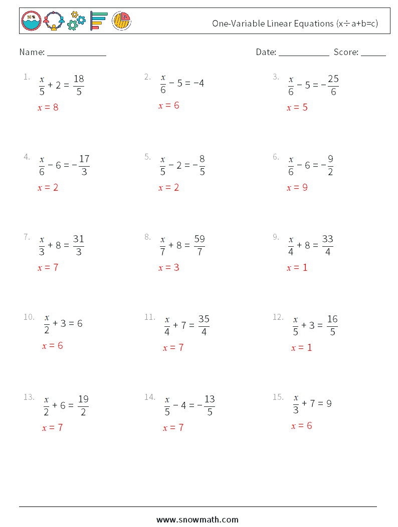 One-Variable Linear Equations (x÷a+b=c) Math Worksheets 11 Question, Answer