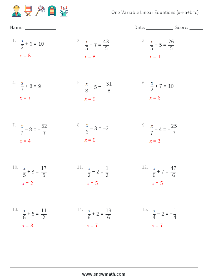 One-Variable Linear Equations (x÷a+b=c) Math Worksheets 12 Question, Answer