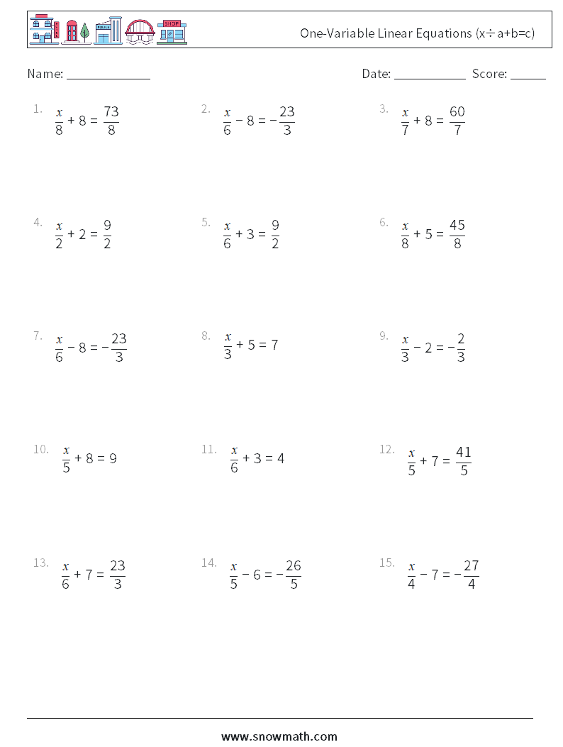 One-Variable Linear Equations (x÷a+b=c) Math Worksheets 13