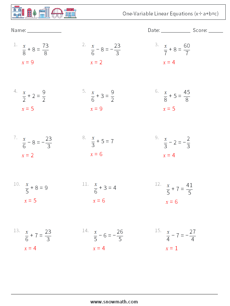One-Variable Linear Equations (x÷a+b=c) Math Worksheets 13 Question, Answer
