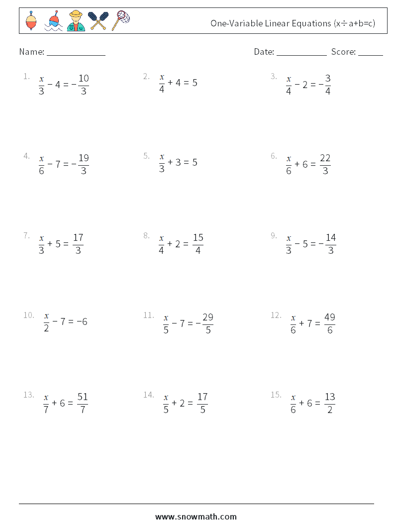 One-Variable Linear Equations (x÷a+b=c) Math Worksheets 14