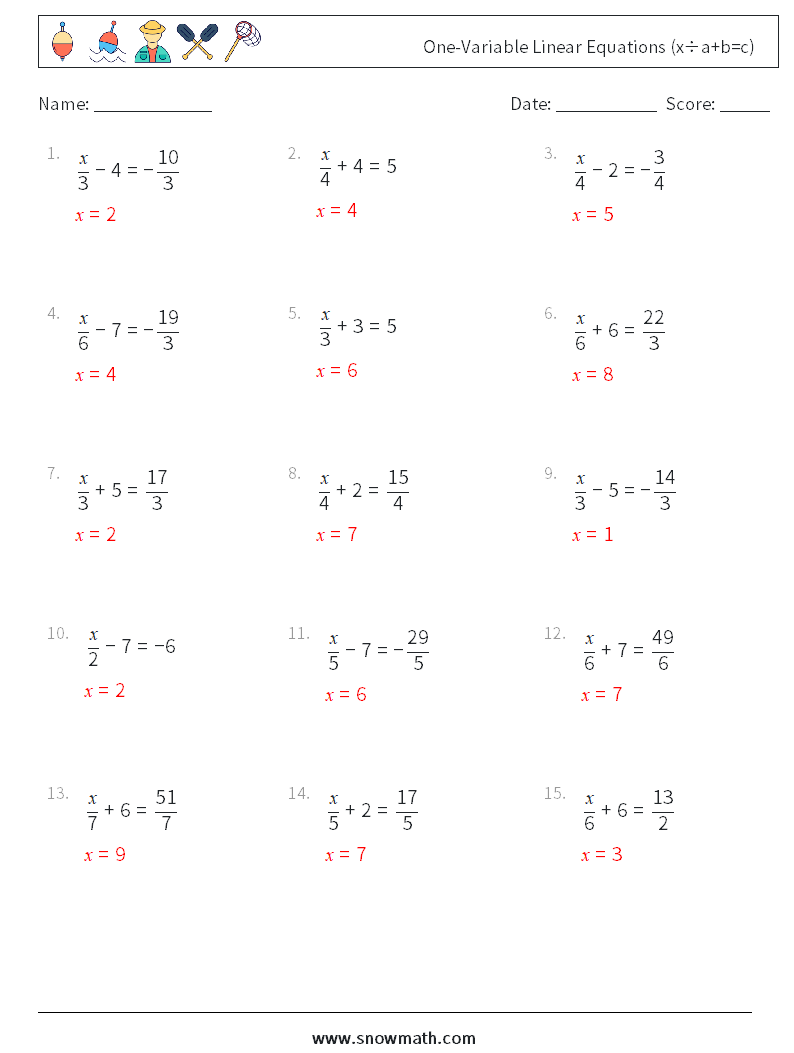 One-Variable Linear Equations (x÷a+b=c) Math Worksheets 14 Question, Answer