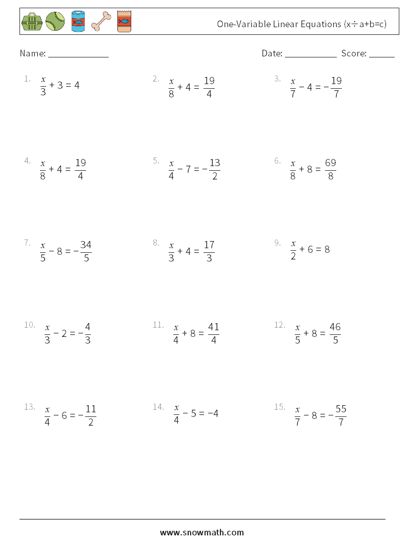 One-Variable Linear Equations (x÷a+b=c) Math Worksheets 15