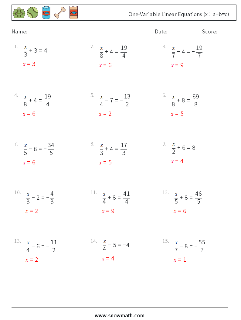 One-Variable Linear Equations (x÷a+b=c) Math Worksheets 15 Question, Answer