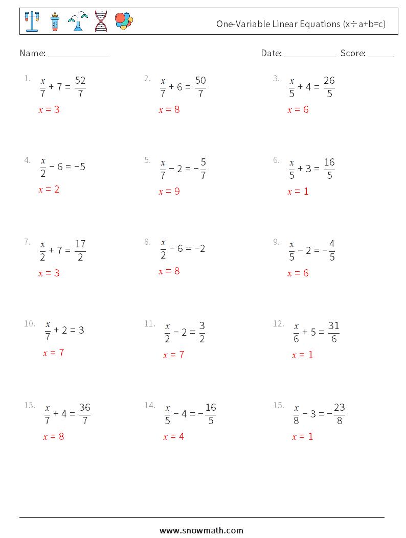 One-Variable Linear Equations (x÷a+b=c) Math Worksheets 16 Question, Answer