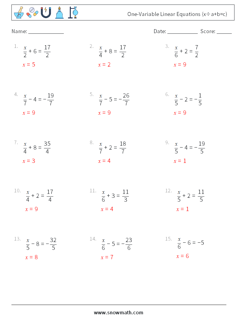 One-Variable Linear Equations (x÷a+b=c) Math Worksheets 17 Question, Answer