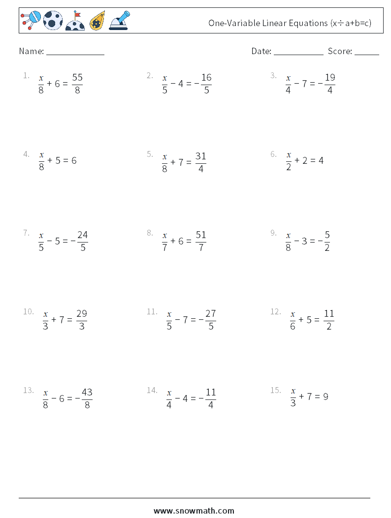 One-Variable Linear Equations (x÷a+b=c) Math Worksheets 18