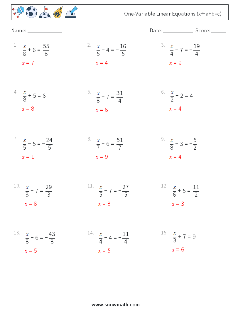 One-Variable Linear Equations (x÷a+b=c) Math Worksheets 18 Question, Answer