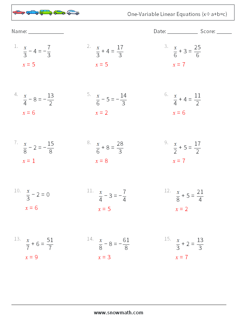 One-Variable Linear Equations (x÷a+b=c) Math Worksheets 1 Question, Answer