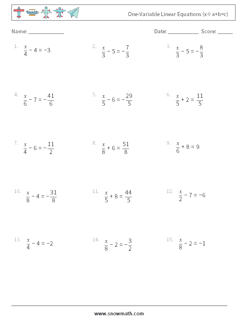 One-Variable Linear Equations (x÷a+b=c) Math Worksheets 2