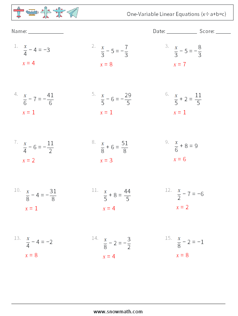 One-Variable Linear Equations (x÷a+b=c) Math Worksheets 2 Question, Answer