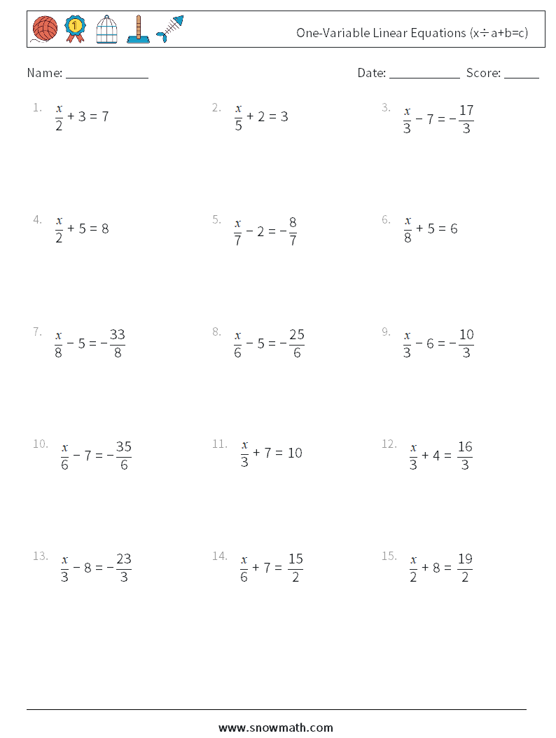 One-Variable Linear Equations (x÷a+b=c) Math Worksheets 3