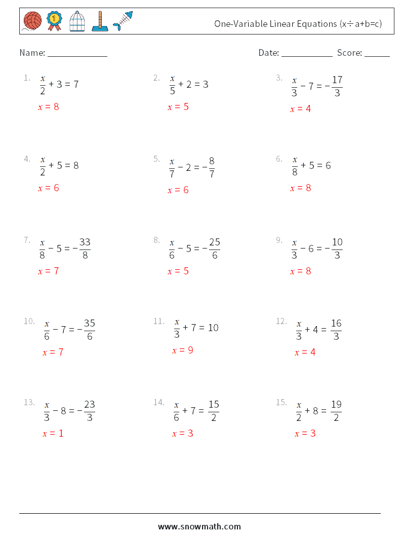 One-Variable Linear Equations (x÷a+b=c) Math Worksheets 3 Question, Answer