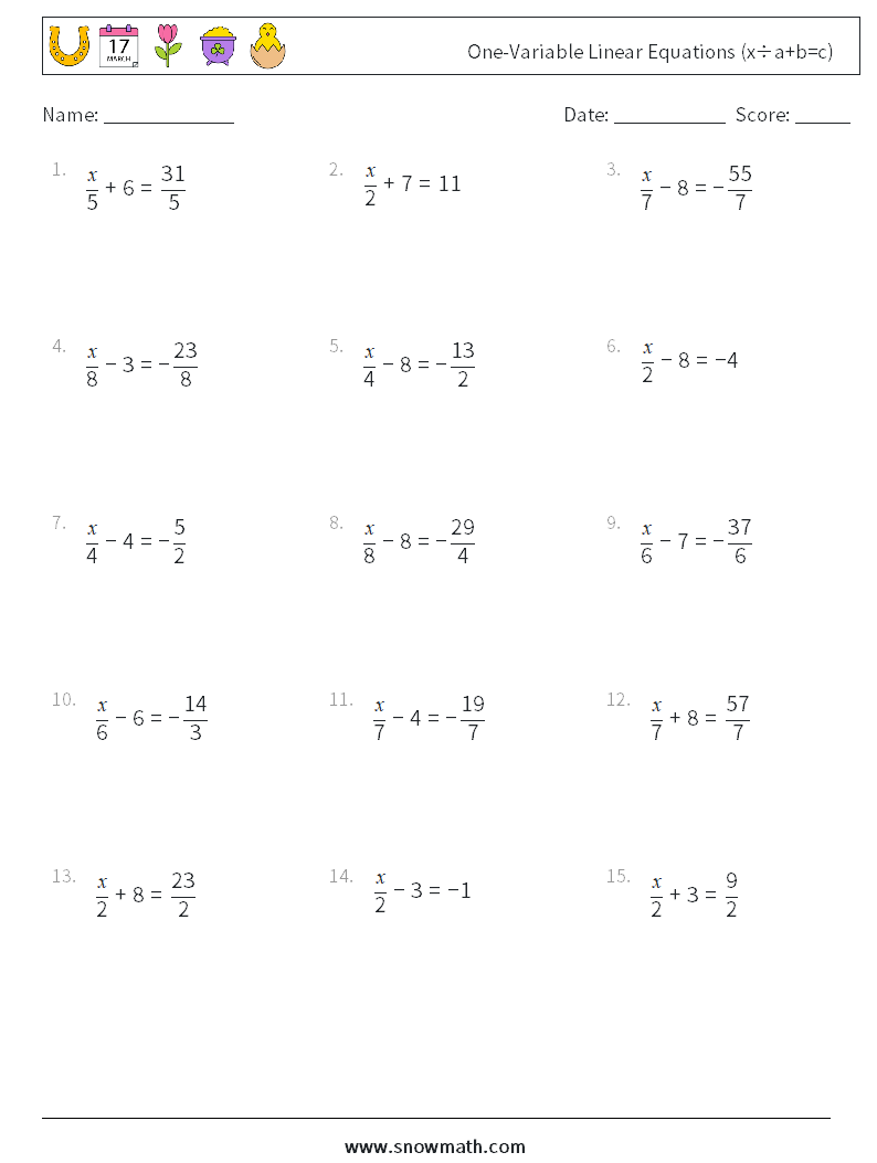 One-Variable Linear Equations (x÷a+b=c) Math Worksheets 4