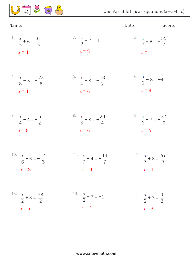 One-Variable Linear Equations (x÷a+b=c) Math Worksheets 4 Question, Answer