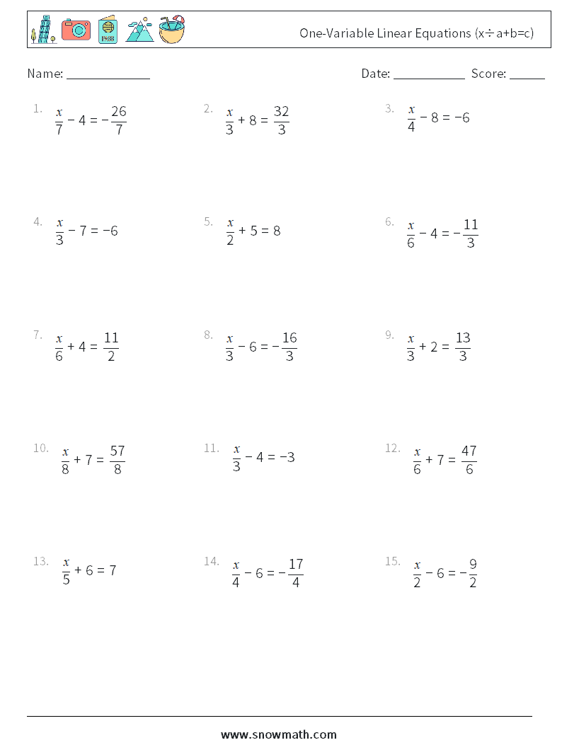 One-Variable Linear Equations (x÷a+b=c) Math Worksheets 5