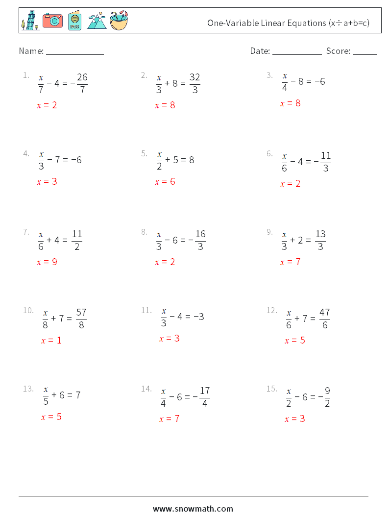 One-Variable Linear Equations (x÷a+b=c) Math Worksheets 5 Question, Answer