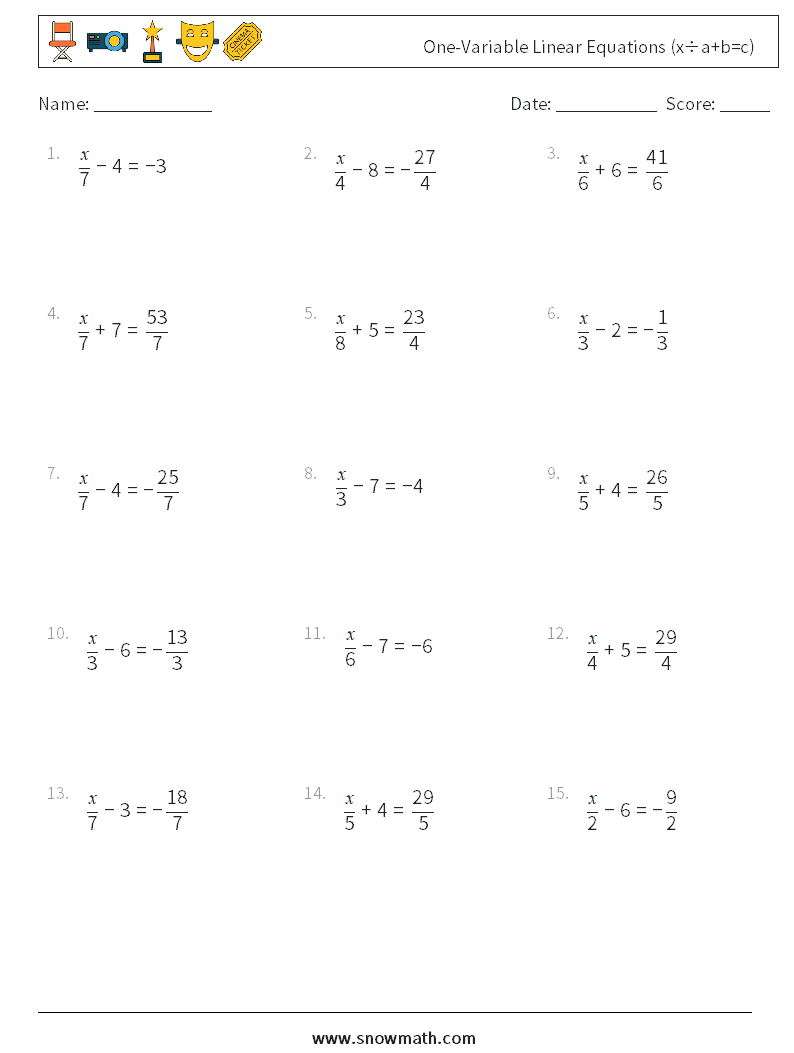 One-Variable Linear Equations (x÷a+b=c) Math Worksheets 6