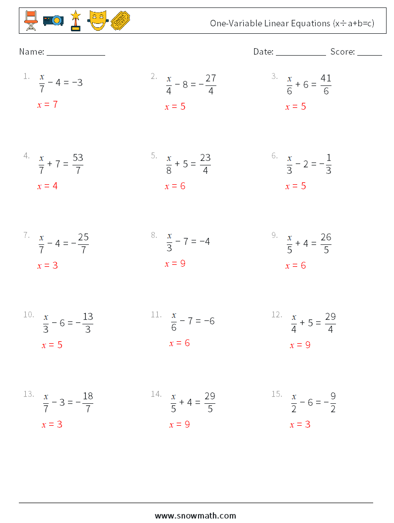 One-Variable Linear Equations (x÷a+b=c) Math Worksheets 6 Question, Answer