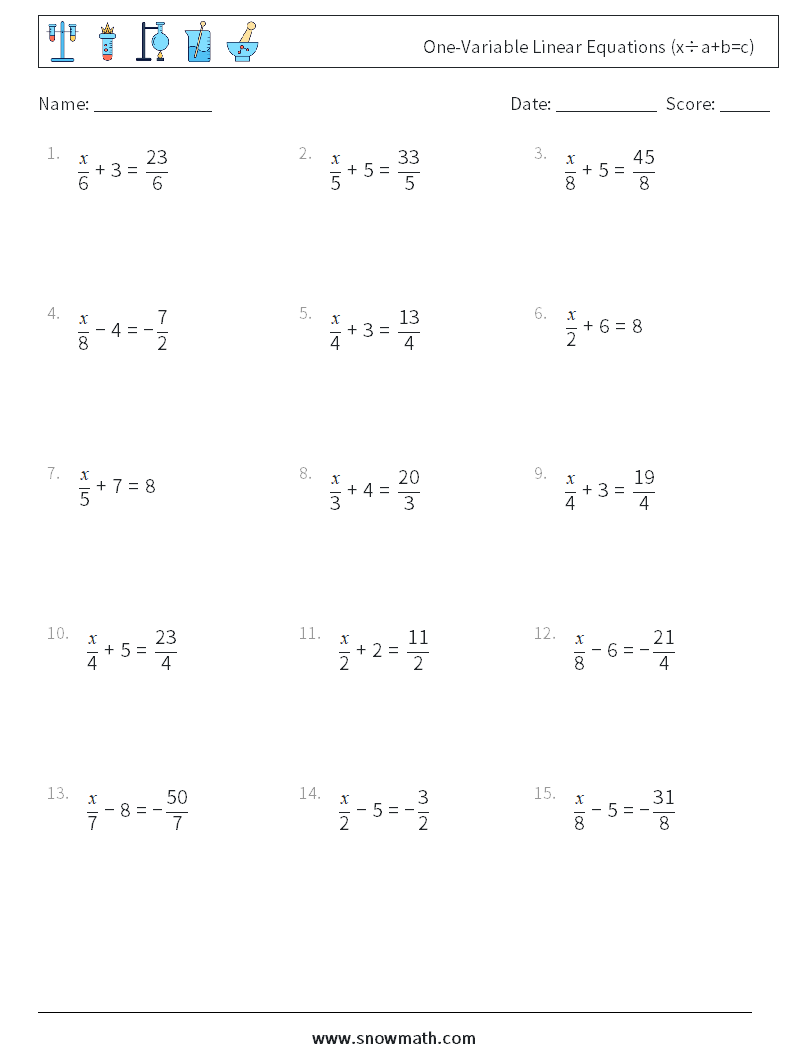 One-Variable Linear Equations (x÷a+b=c) Math Worksheets 7