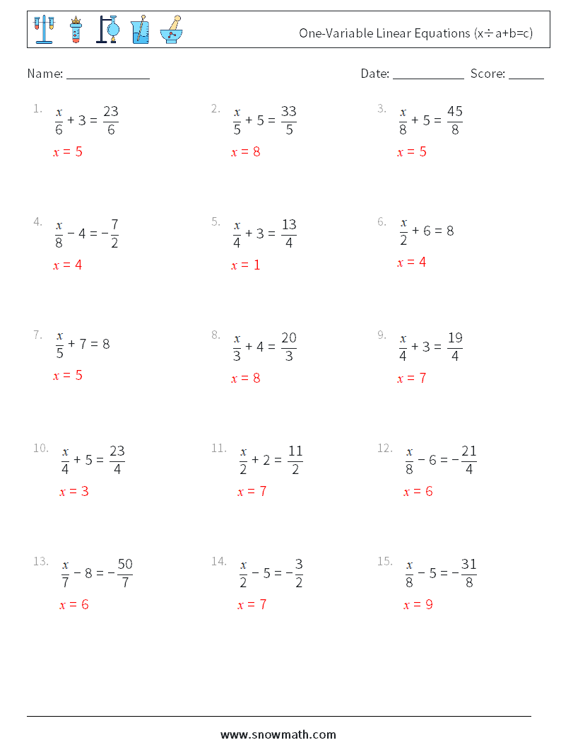 One-Variable Linear Equations (x÷a+b=c) Math Worksheets 7 Question, Answer