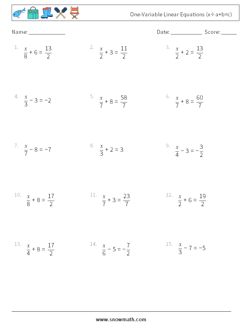 One-Variable Linear Equations (x÷a+b=c) Math Worksheets 8