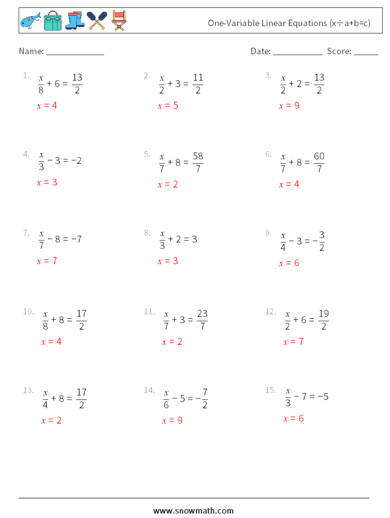 One-Variable Linear Equations (x÷a+b=c) Math Worksheets 8 Question, Answer