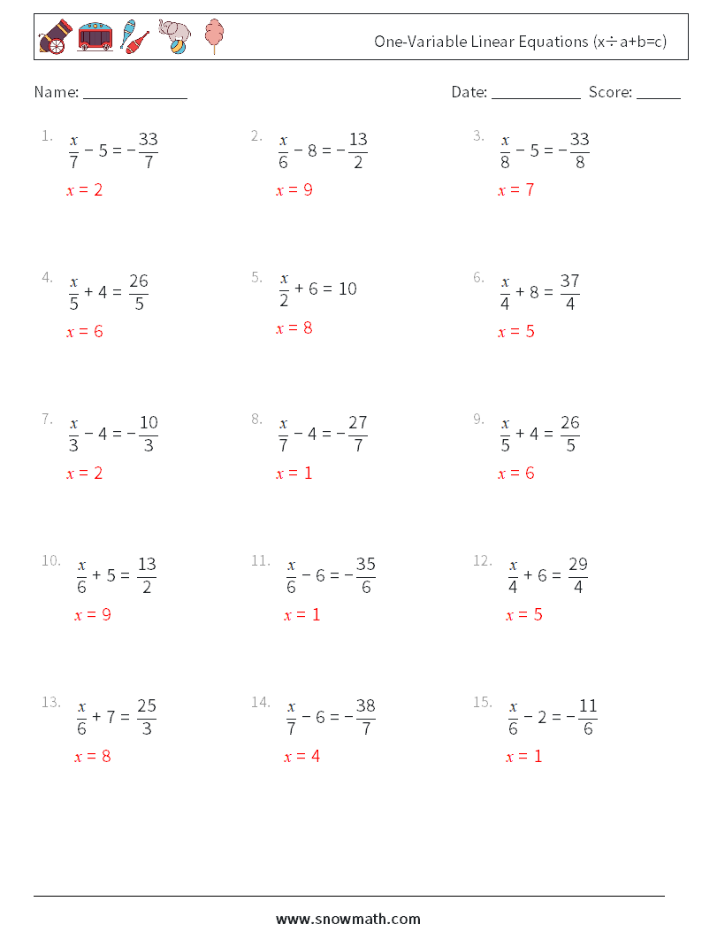 One-Variable Linear Equations (x÷a+b=c) Math Worksheets 9 Question, Answer