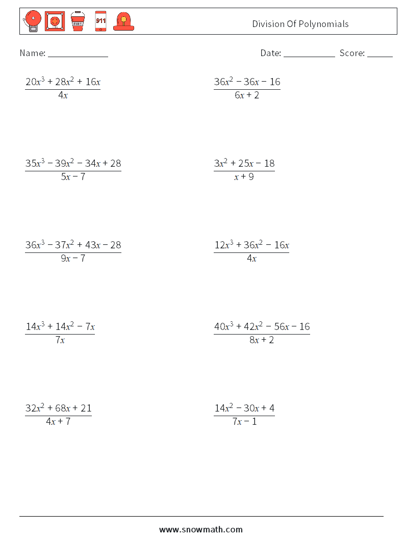 Division Of Polynomials Math Worksheets 1