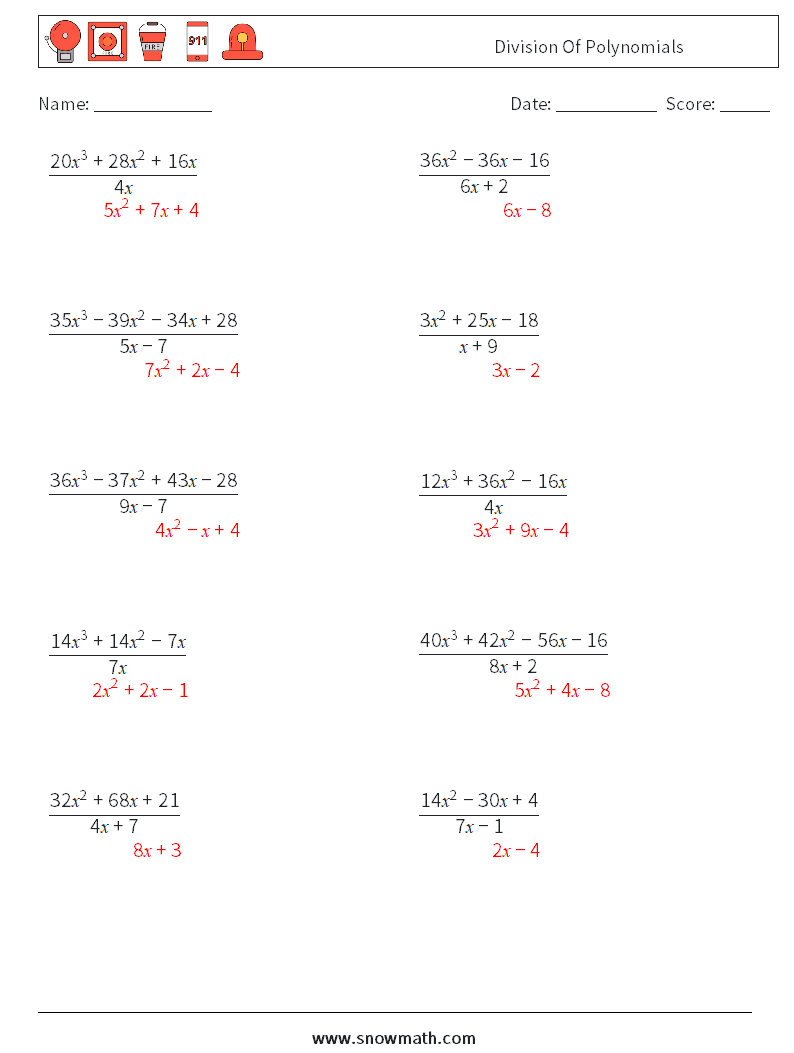 Division Of Polynomials Math Worksheets 1 Question, Answer