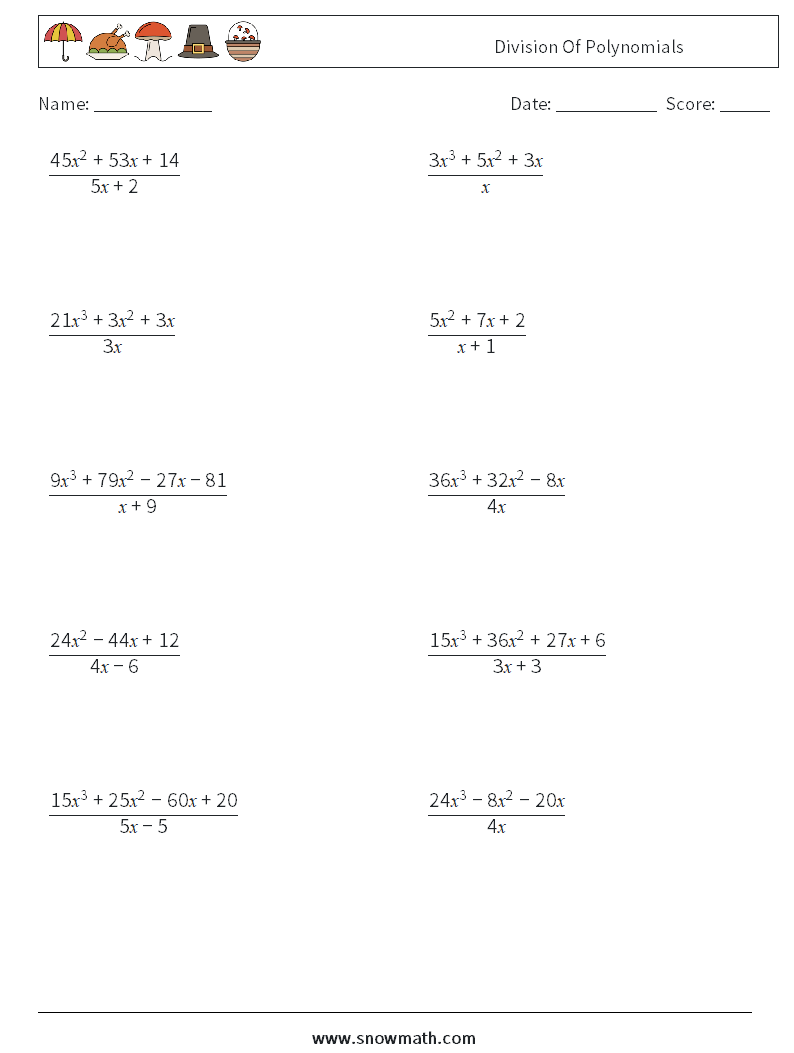 Division Of Polynomials Math Worksheets 2