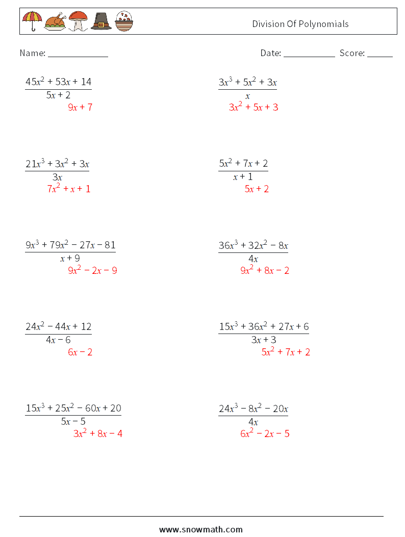 Division Of Polynomials Math Worksheets 2 Question, Answer