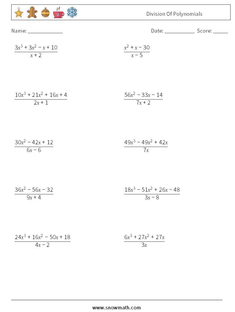 Division Of Polynomials Math Worksheets 3