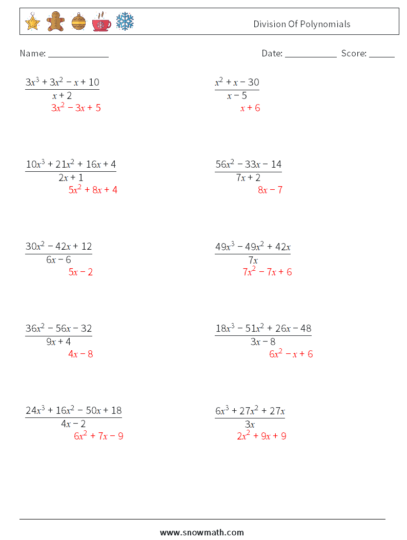 Division Of Polynomials Math Worksheets 3 Question, Answer