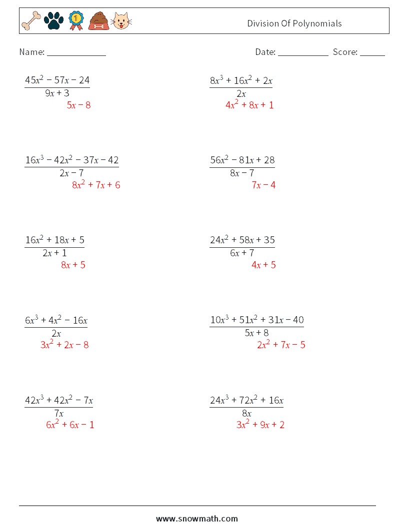 Division Of Polynomials Math Worksheets 4 Question, Answer