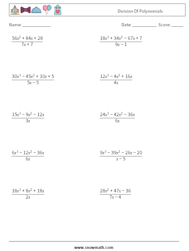 Division Of Polynomials Math Worksheets 5