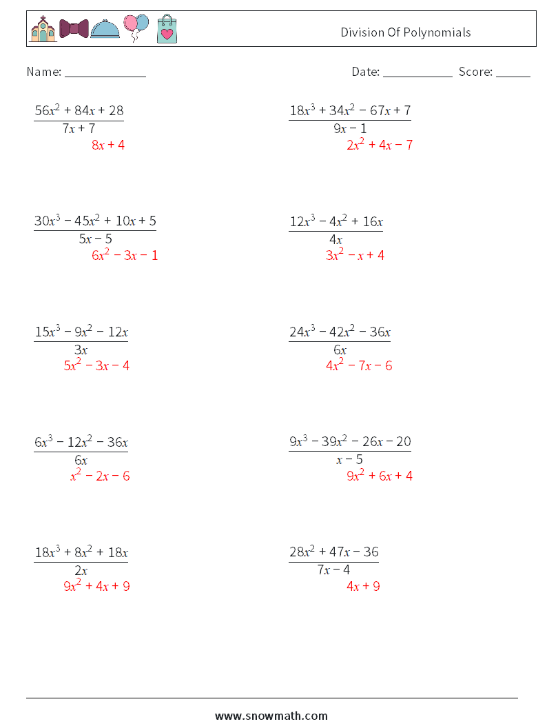 Division Of Polynomials Math Worksheets 5 Question, Answer