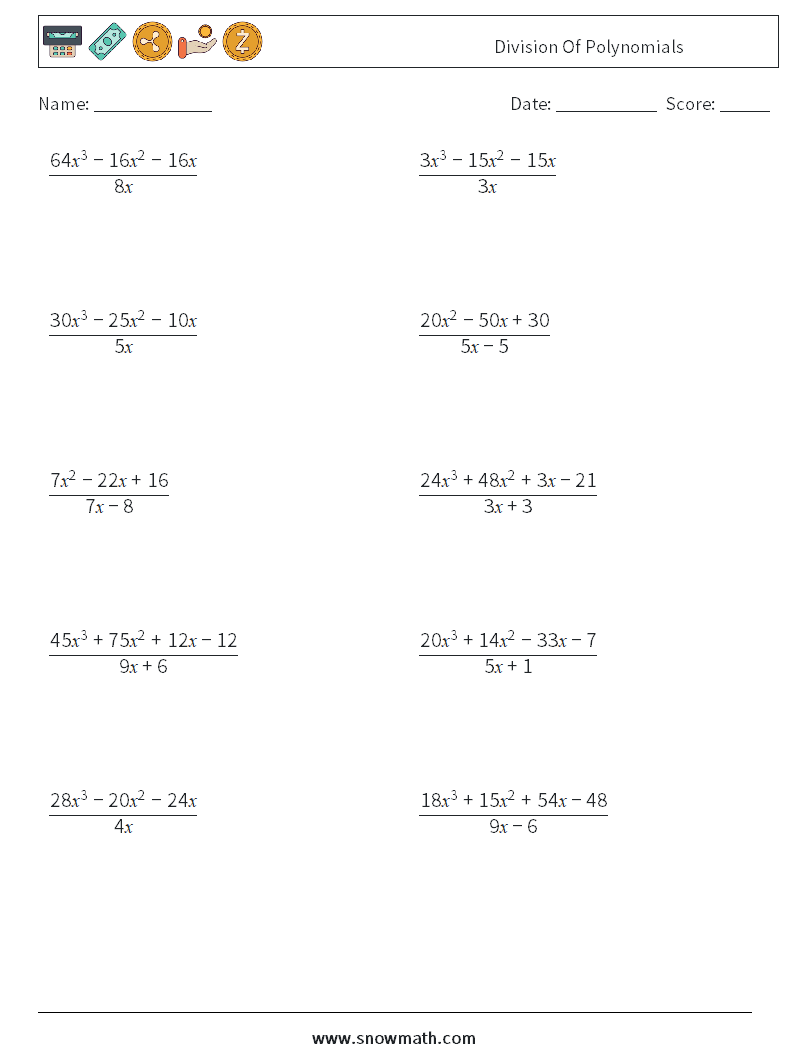 Division Of Polynomials Math Worksheets 6