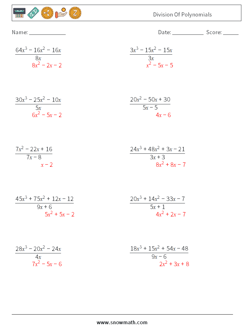 Division Of Polynomials Math Worksheets 6 Question, Answer