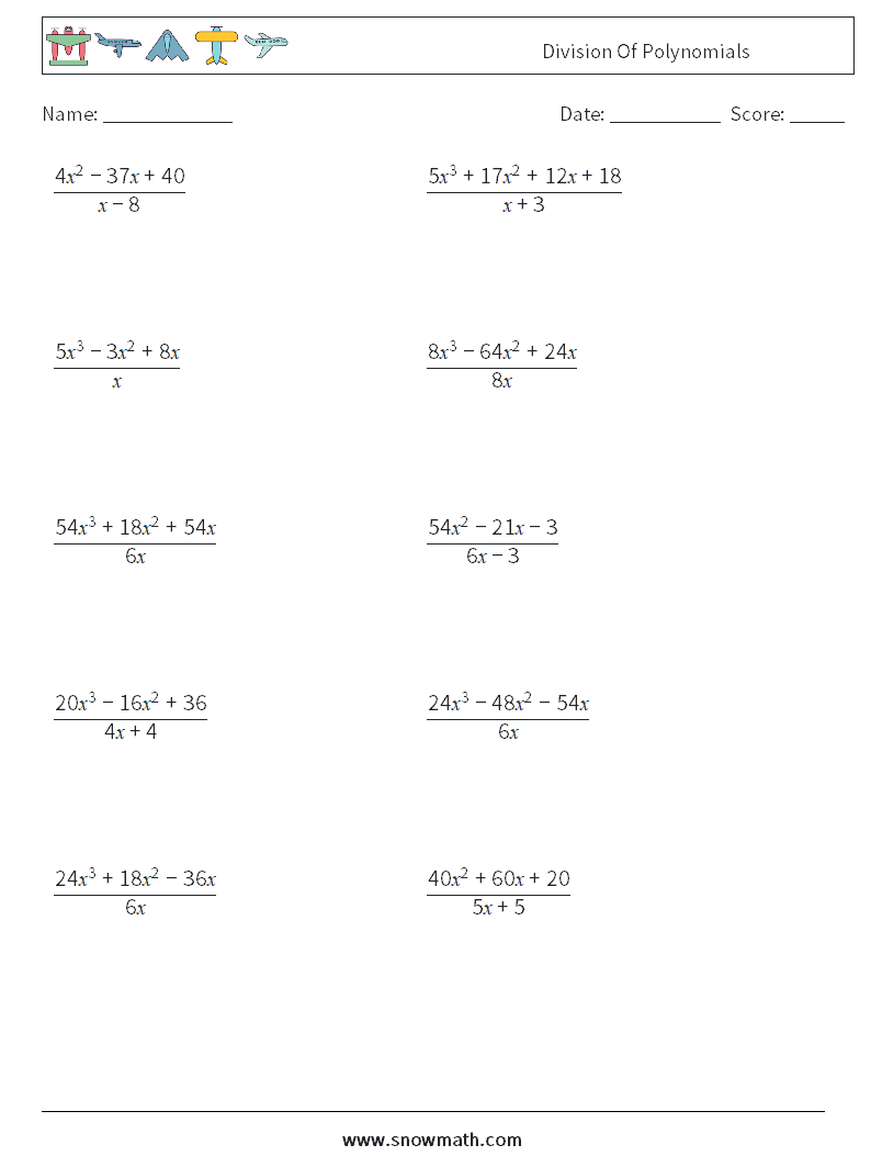 Division Of Polynomials Math Worksheets 7