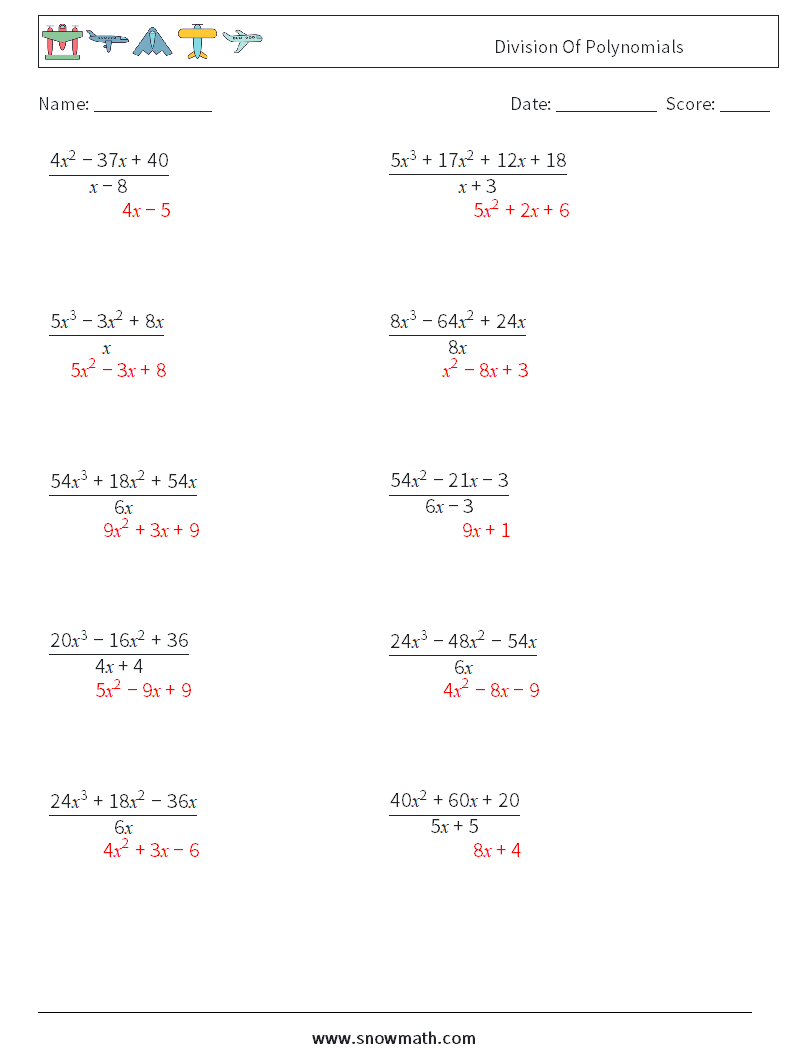 Division Of Polynomials Math Worksheets 7 Question, Answer