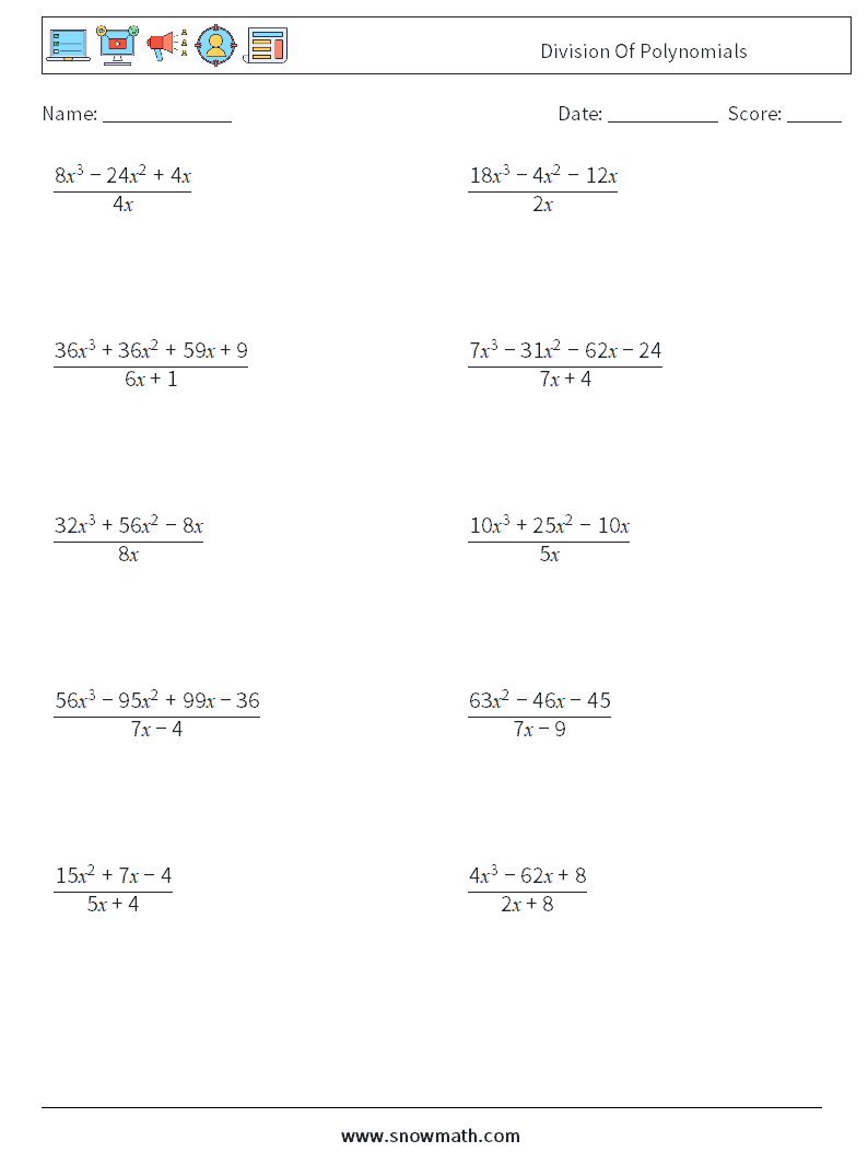 Division Of Polynomials Math Worksheets 8