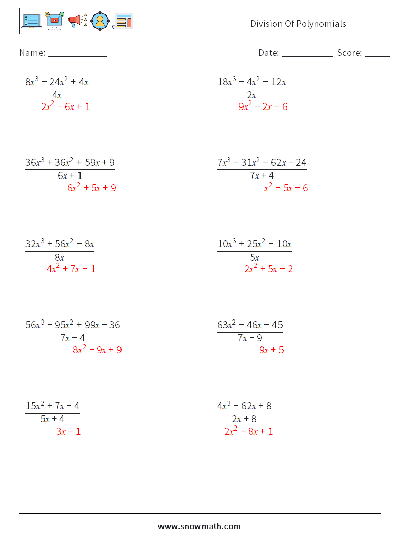 Division Of Polynomials Math Worksheets 8 Question, Answer